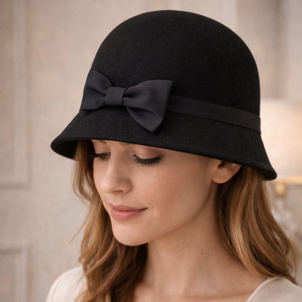 Kate Spade New York Black Wool Cloche Hat with Bow Vintage Inspired